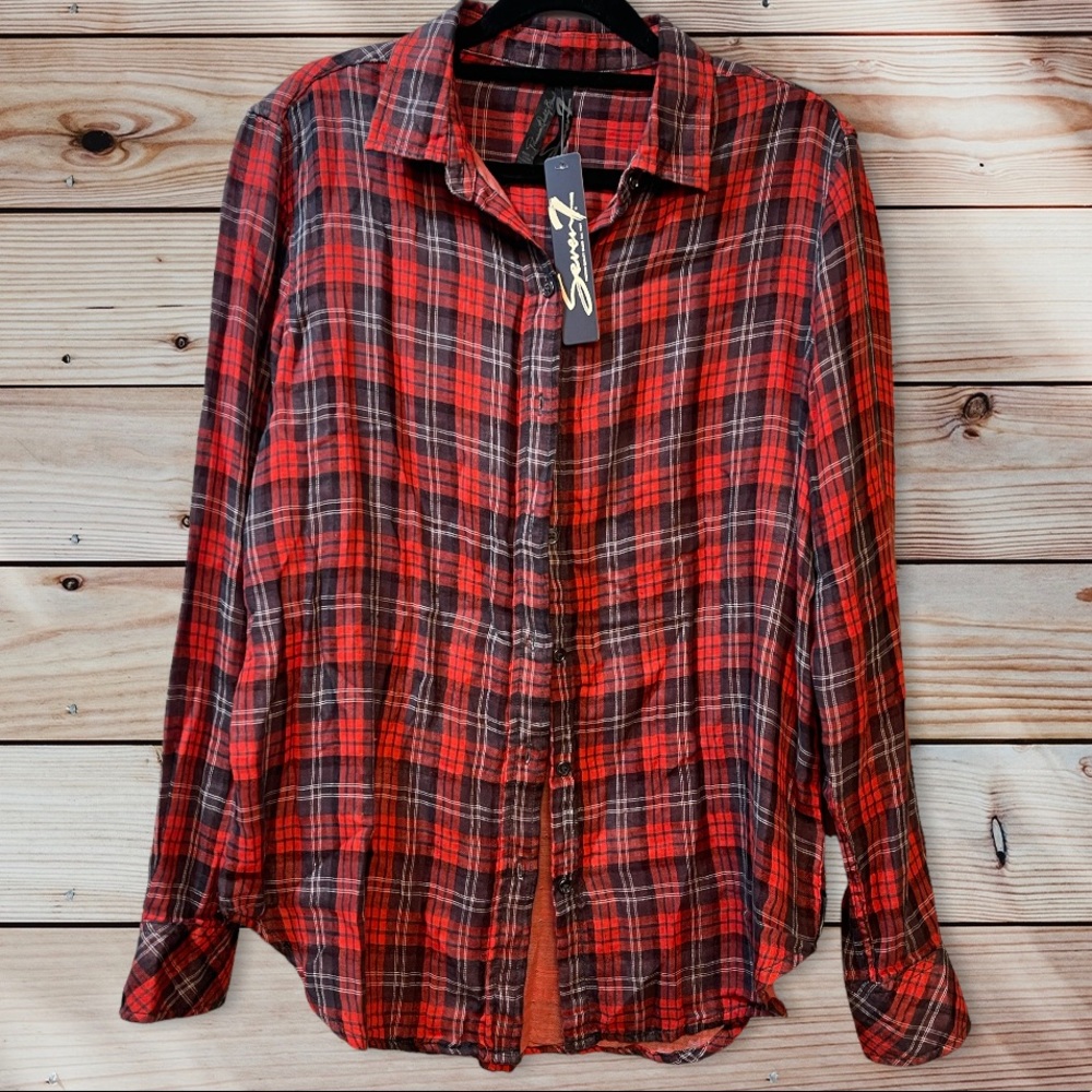 Seven7 Women's Red Plaid Flannel Button Down Shirt